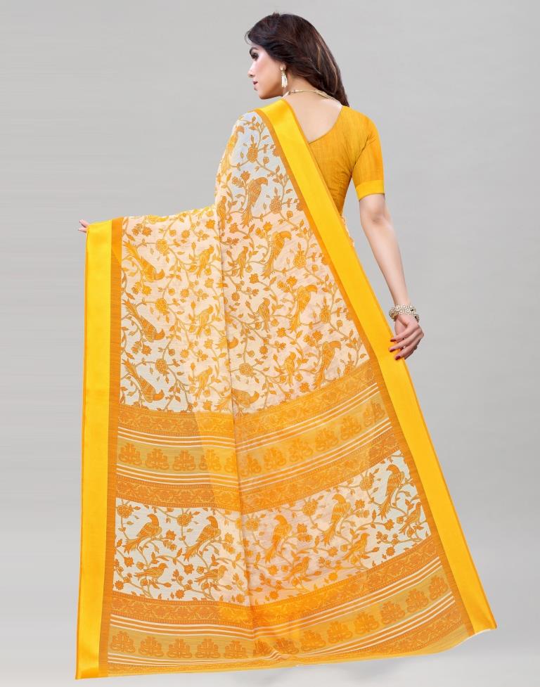 Turmeric Yellow Coloured Poly Cotton Bird Printed Saree | Sudathi