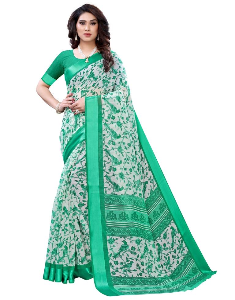 Green Coloured Poly Cotton Bird Printed Printed Casual saree | Sudathi