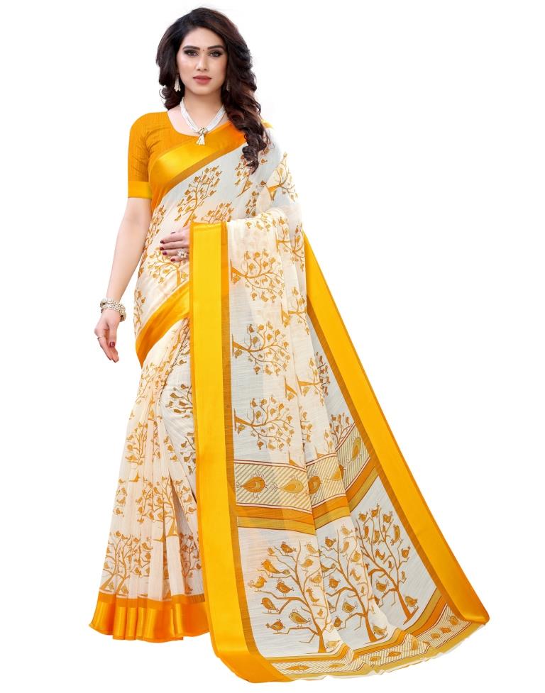 Turmeric Yellow Coloured Poly Cotton Bird Printed Printed Casual saree | Sudathi