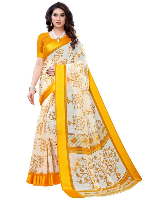 Turmeric Yellow Coloured Poly Cotton Bird Printed Printed Casual saree | Sudathi