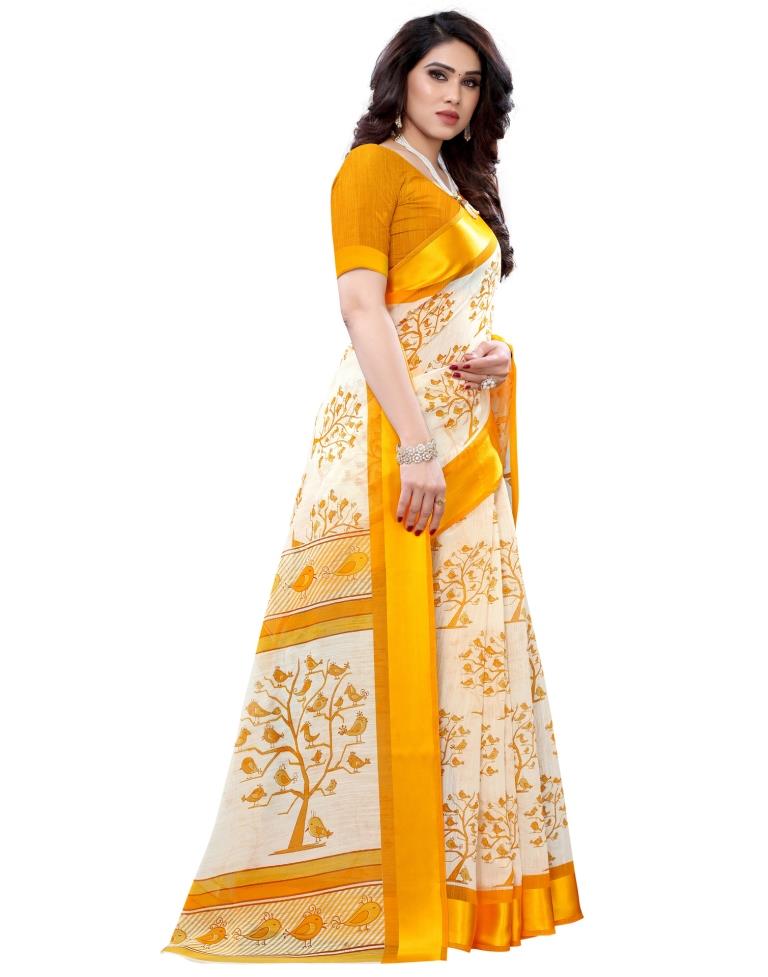 Turmeric Yellow Coloured Poly Cotton Bird Printed Printed Casual saree | Sudathi