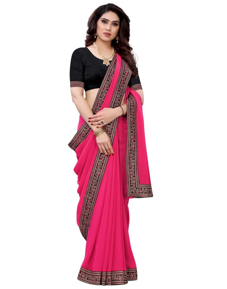 Hot Pink Coloured Georgette Plain Casual saree | Sudathi