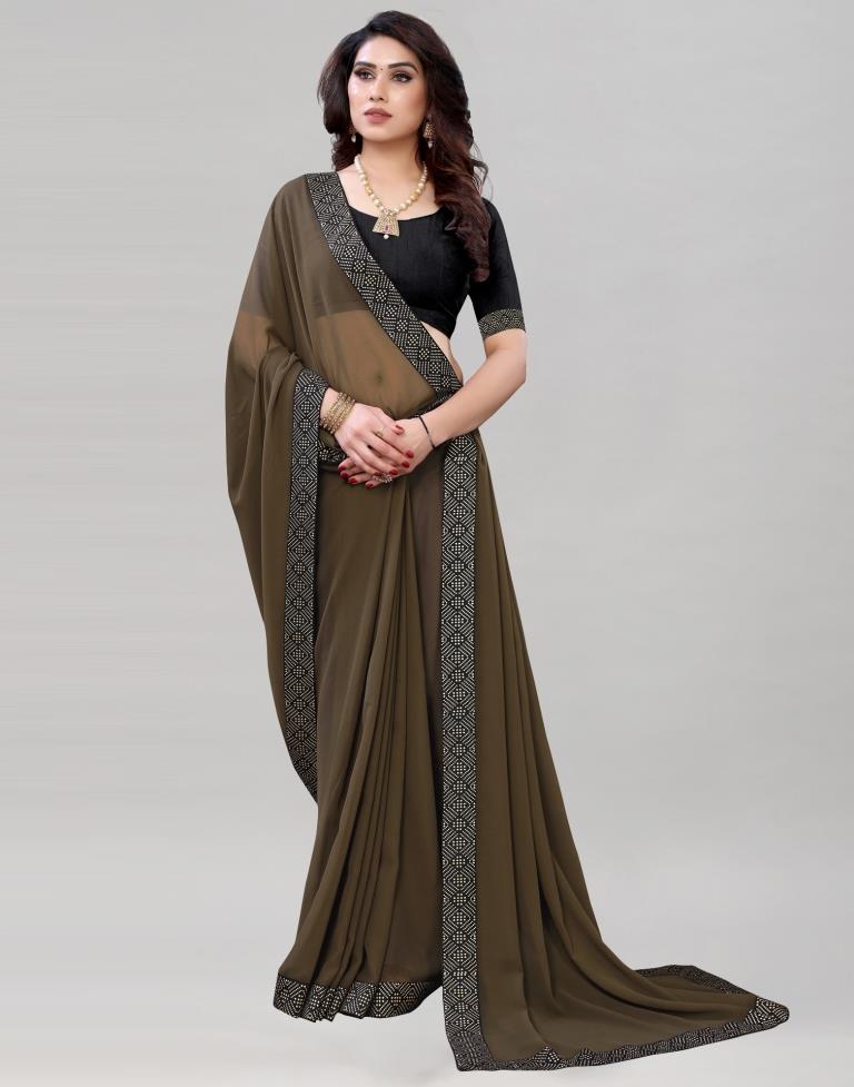 Peanut Brown Coloured Georgette Plain Saree | Sudathi