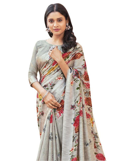 Adorable Silver Grey Jute Floral Printed Saree | Sudathi