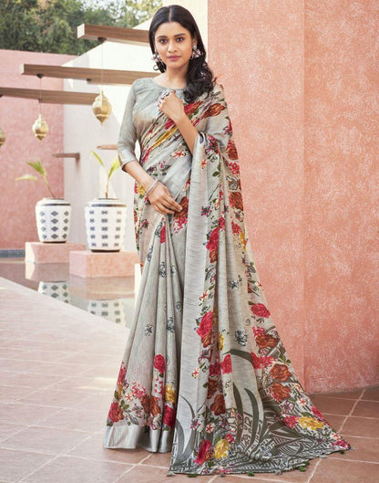 Adorable Silver Grey Jute Floral Printed Saree | Sudathi