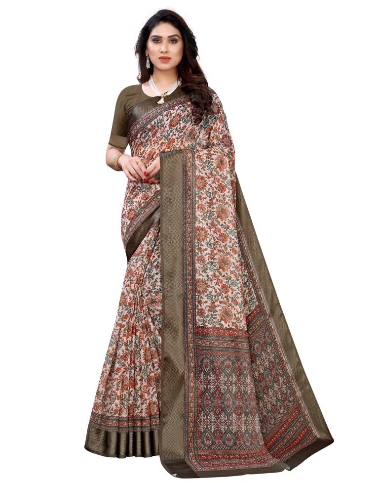 Peach Cotton Printed Saree | Sudathi