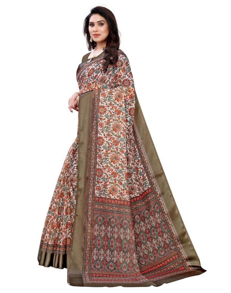 Peach Cotton Printed Saree | Sudathi