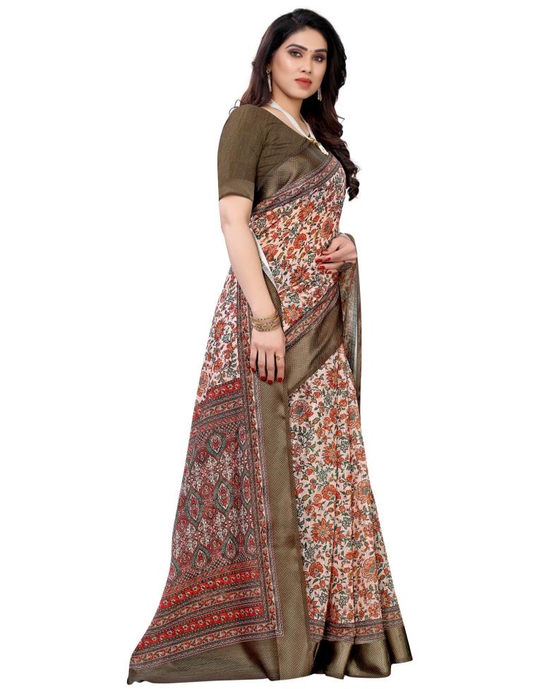 Peach Cotton Printed Saree | Sudathi