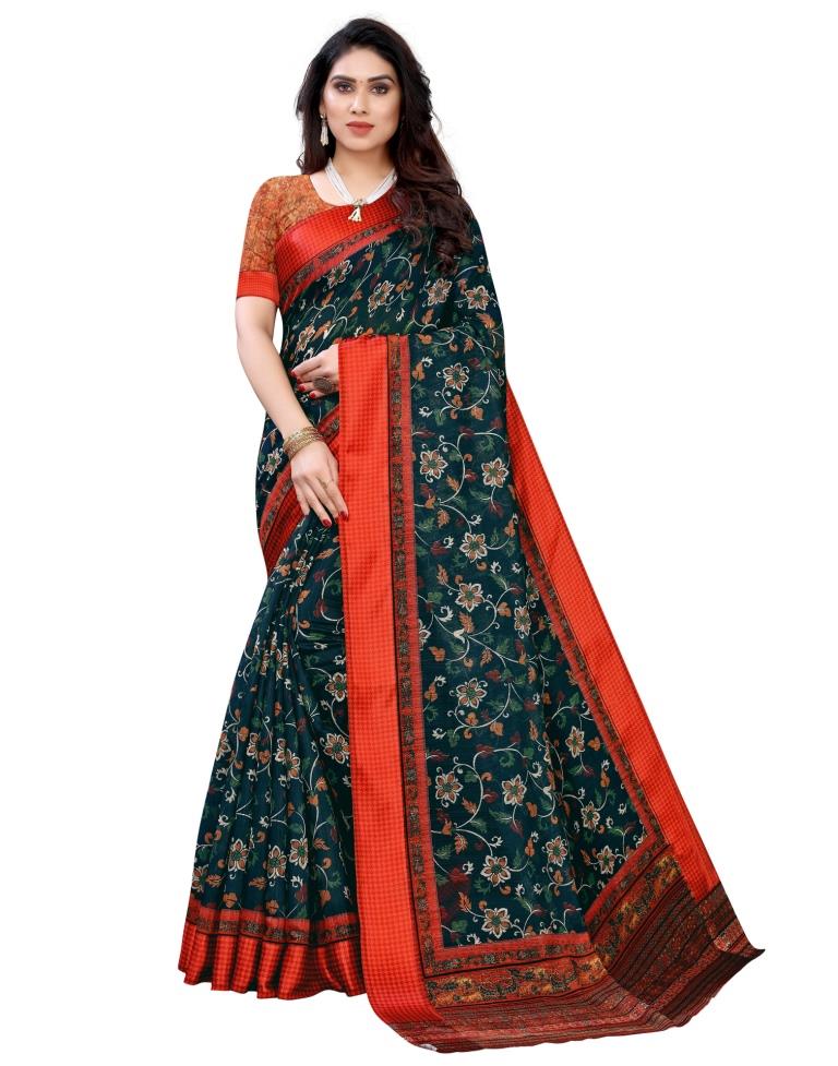 Navy Blue Cotton Printed Saree | Sudathi