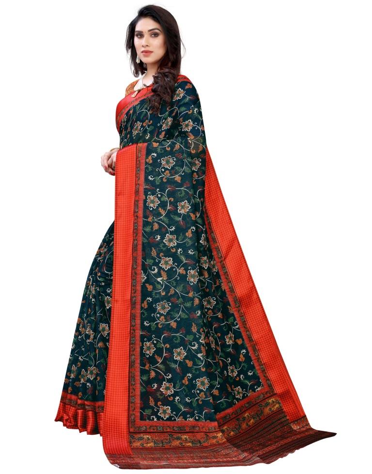 Navy Blue Cotton Printed Saree | Sudathi