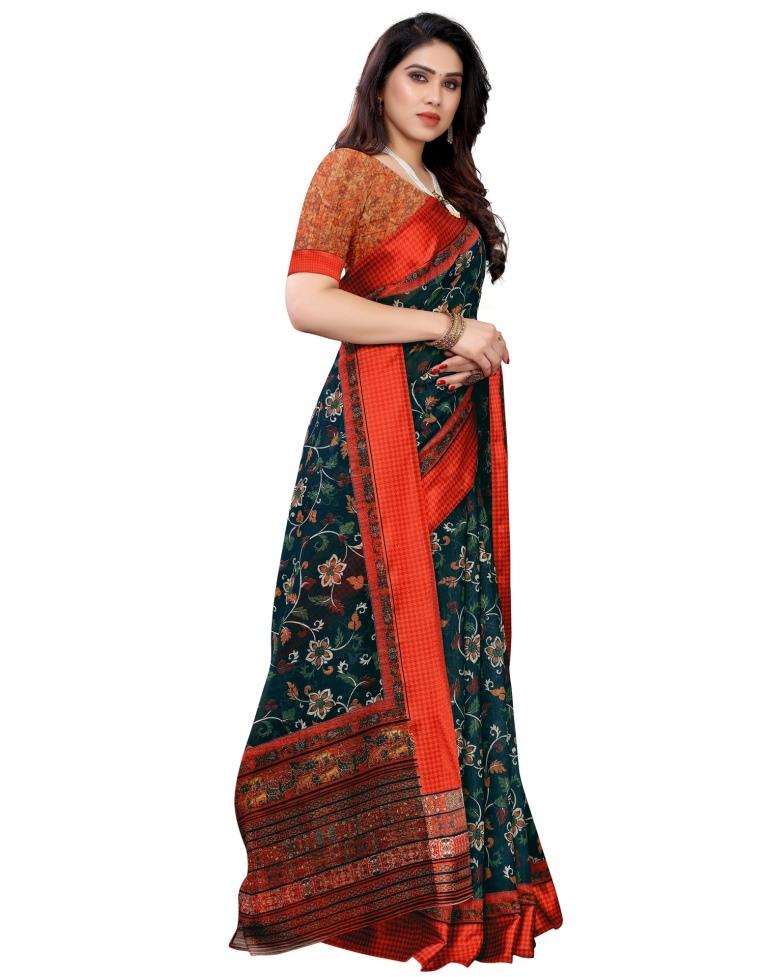 Navy Blue Cotton Printed Saree | Sudathi