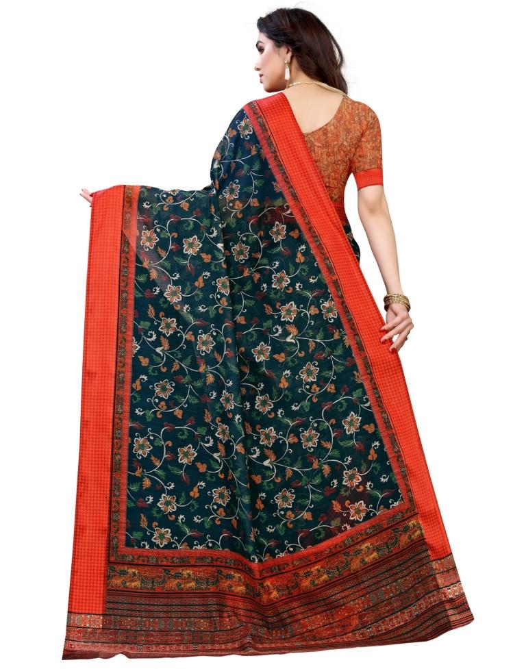 Navy Blue Cotton Printed Saree | Sudathi