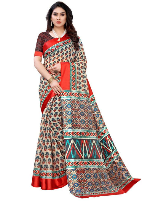 Cream Cotton Printed Saree | Sudathi