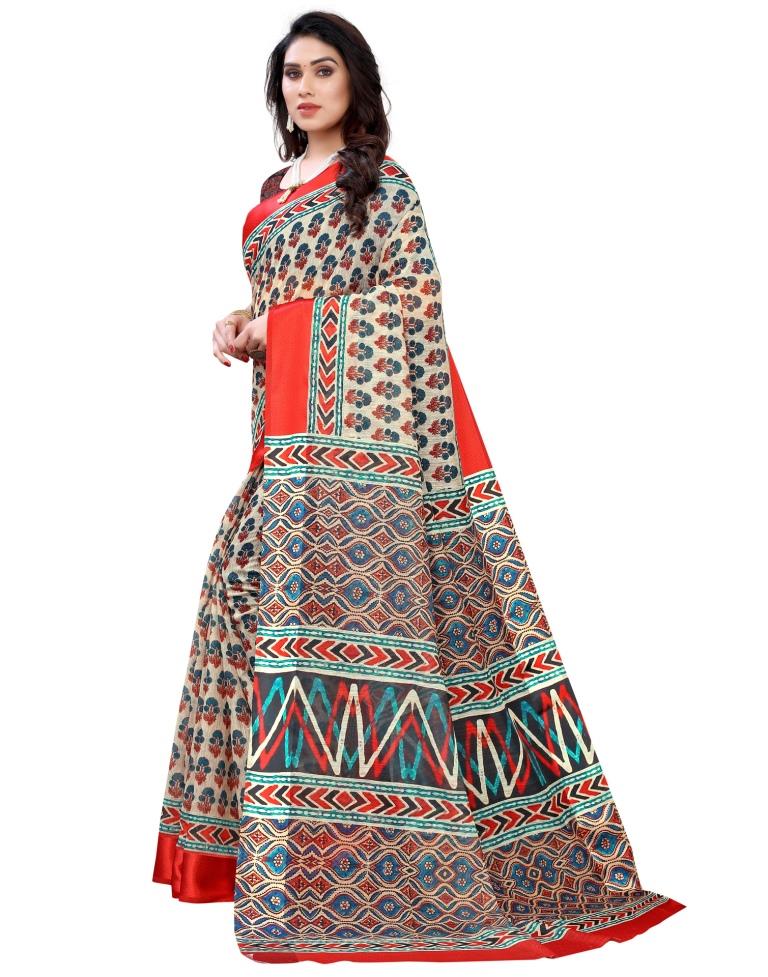 Cream Cotton Printed Saree | Sudathi