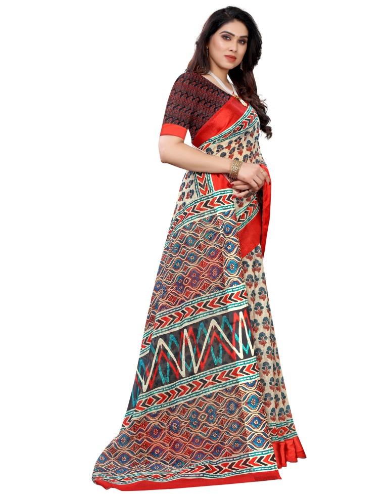 Cream Cotton Printed Saree | Sudathi