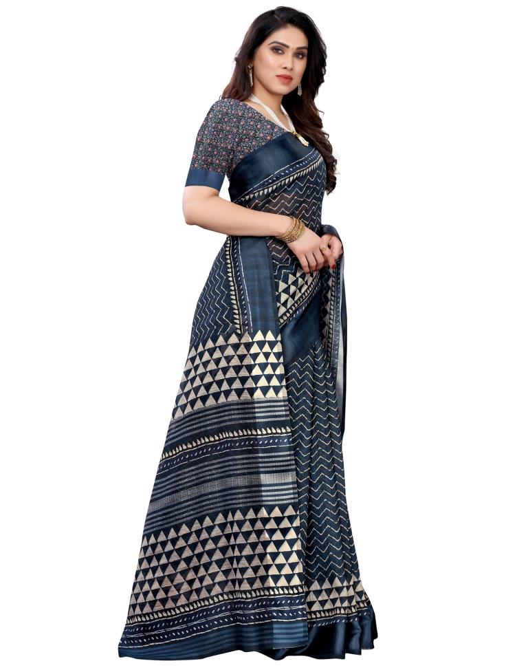 Blue Cotton Printed Saree | Sudathi