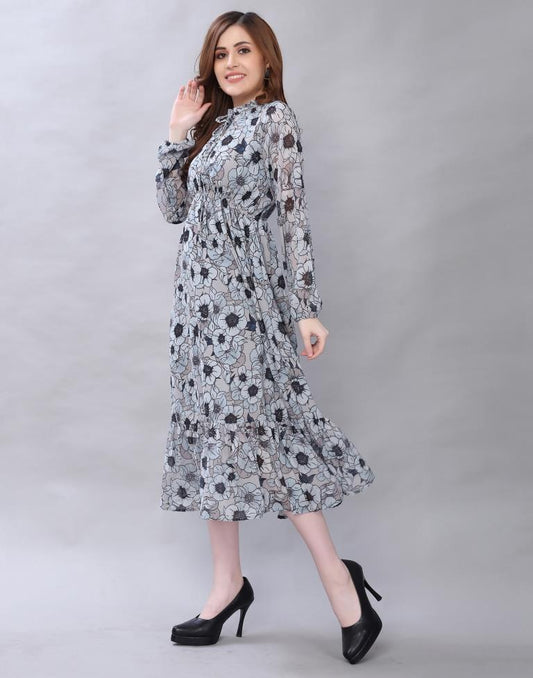 Exquisite Grey Coloured Digital Printed Polyester Dress | Leemboodi