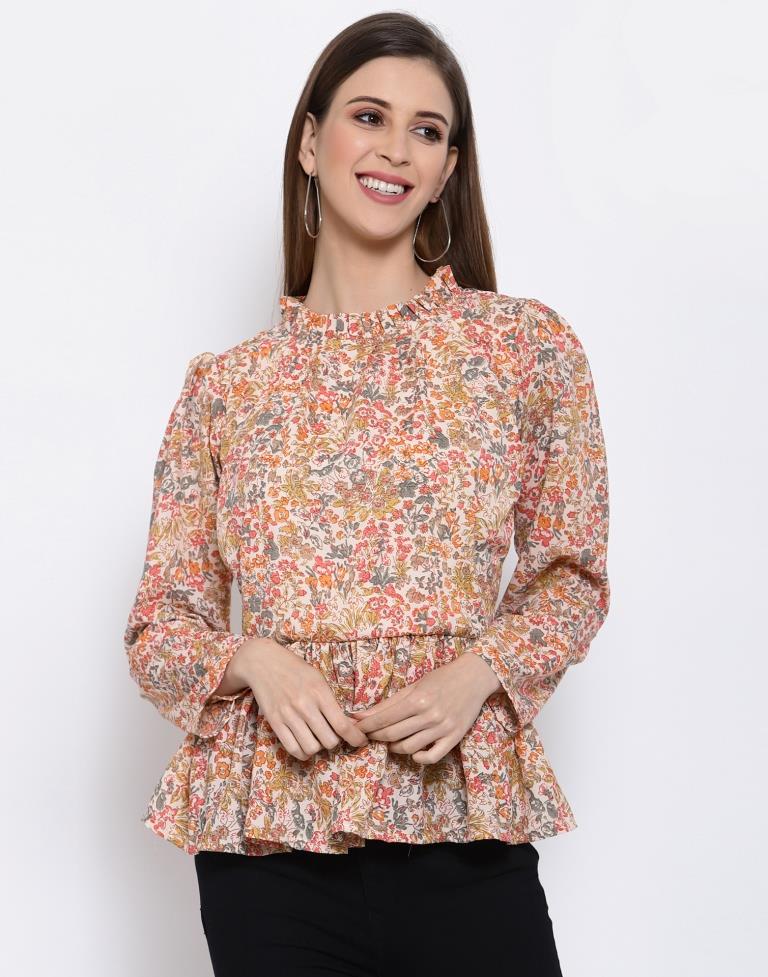 Peach Coloured Digital Printed Polyester Top | Leemboodi