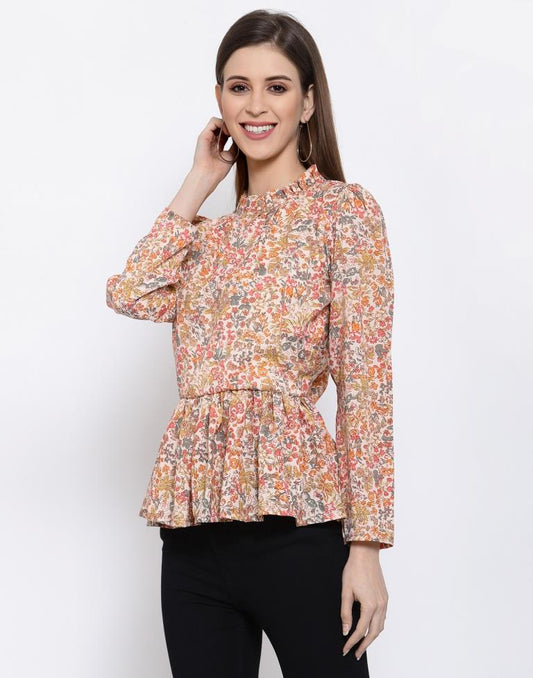 Peach Coloured Digital Printed Polyester Top | Leemboodi