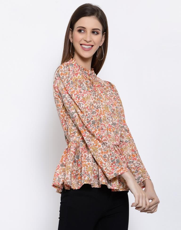 Peach Coloured Digital Printed Polyester Top | Leemboodi
