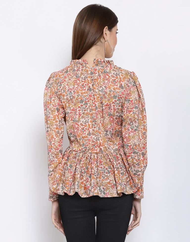 Peach Coloured Digital Printed Polyester Top | Leemboodi