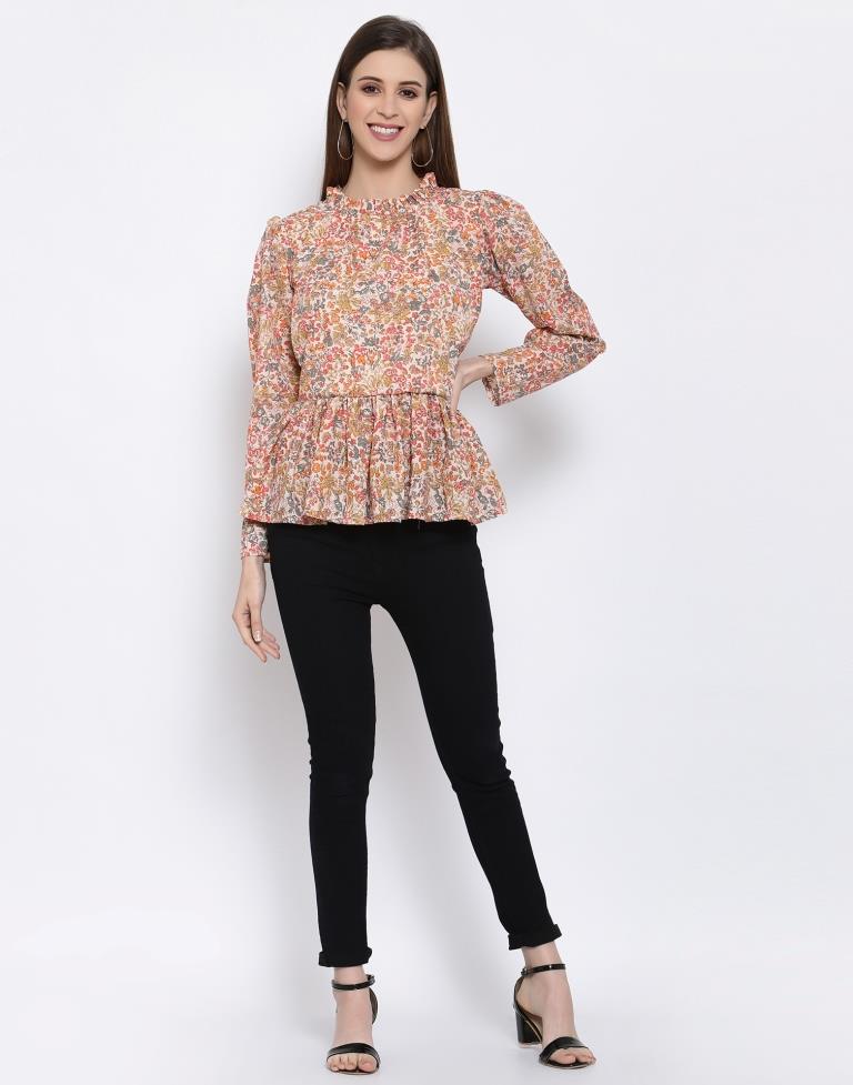 Peach Coloured Digital Printed Polyester Top | Leemboodi