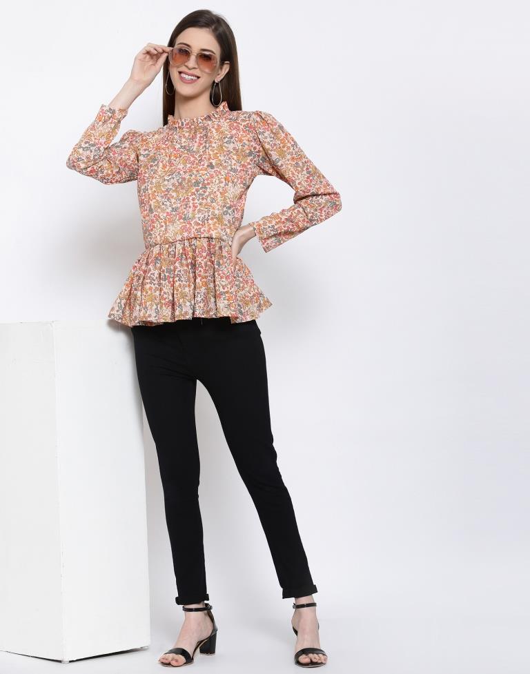 Peach Coloured Digital Printed Polyester Top | Leemboodi