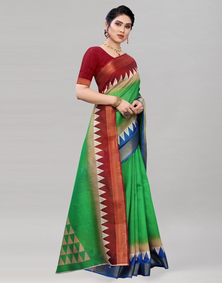 Green Cotton Printed Saree | Sudathi
