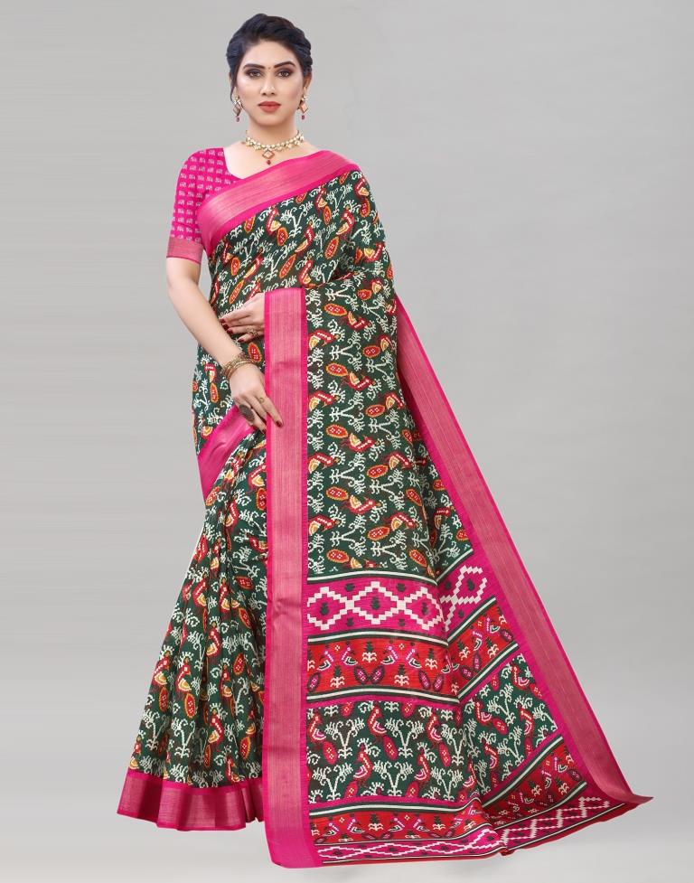 Green Coloured Poly Cotton Patola Printed Casual saree | Sudathi
