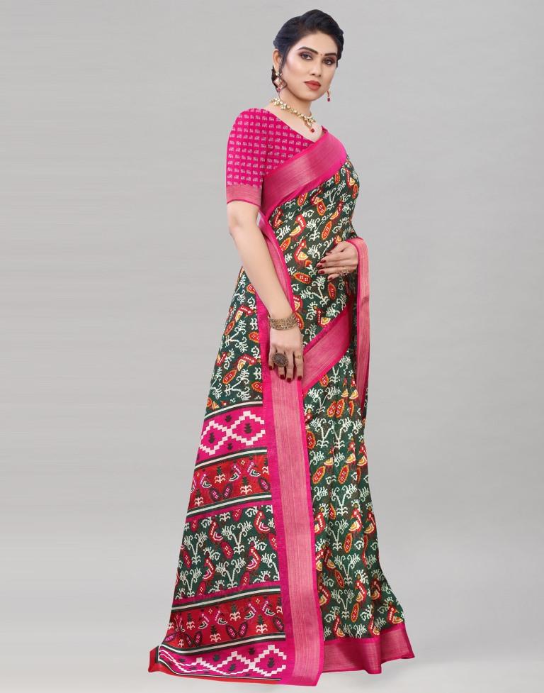 Green Coloured Poly Cotton Patola Printed Casual saree | Sudathi
