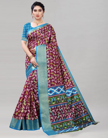 Wine Coloured Poly Cotton Patola Printed Casual saree | Sudathi