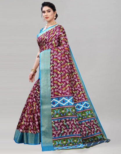 Wine Coloured Poly Cotton Patola Printed Casual saree | Sudathi