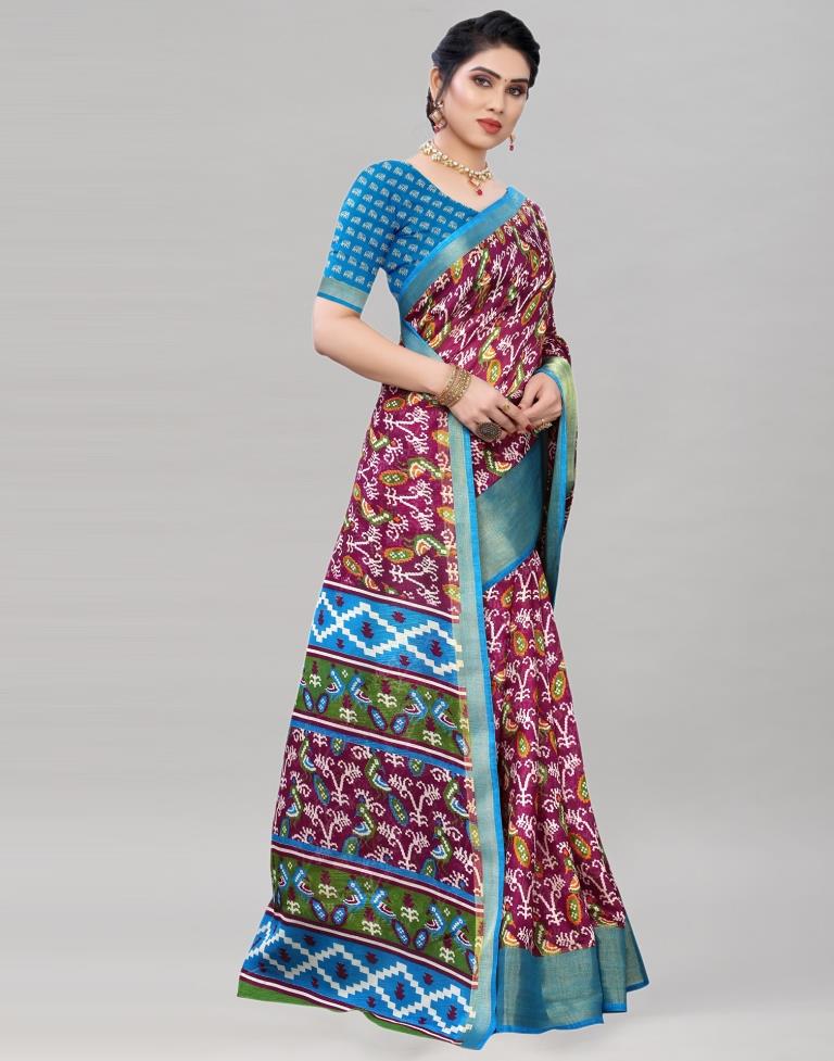 Wine Coloured Poly Cotton Patola Printed Casual saree | Sudathi