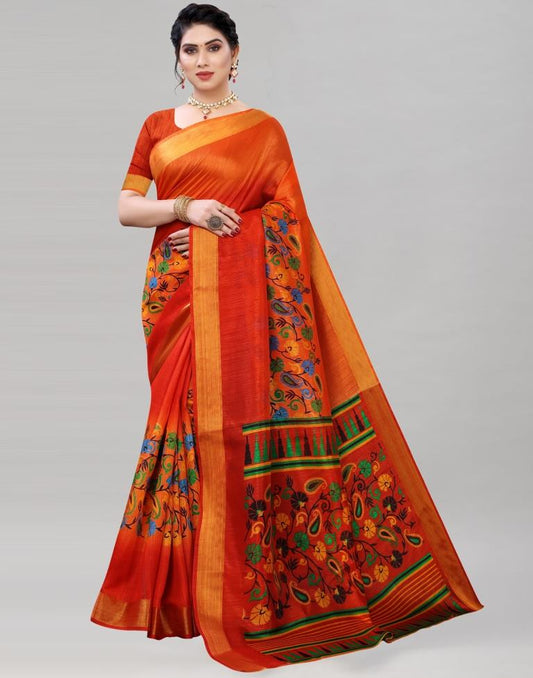 Orange Cotton Printed Saree | Sudathi