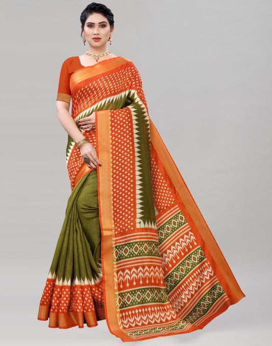 Olive Green Cotton Printed Saree | Sudathi