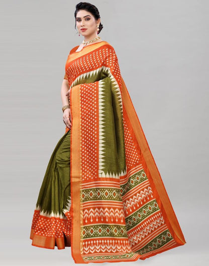 Olive Green Cotton Printed Saree | Sudathi