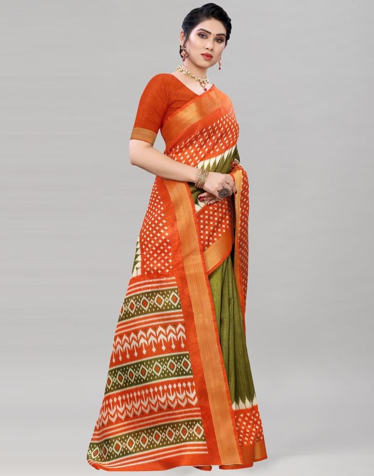 Olive Green Cotton Printed Saree | Sudathi