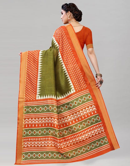 Olive Green Cotton Printed Saree | Sudathi