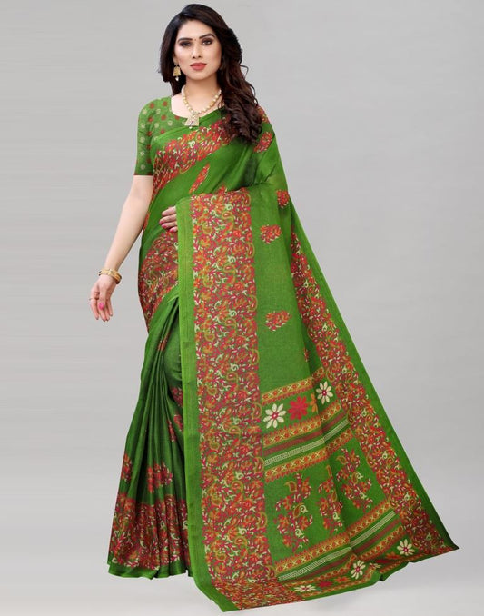 Green Jute Printed Saree | Sudathi