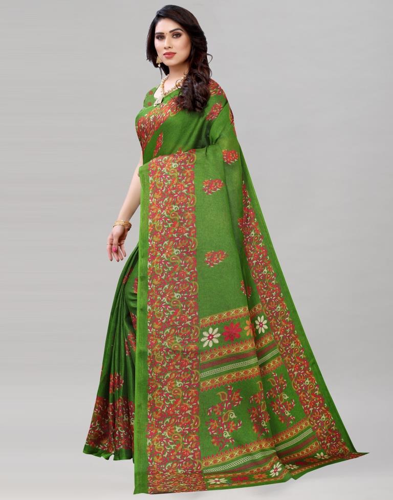 Green Jute Printed Saree | Sudathi