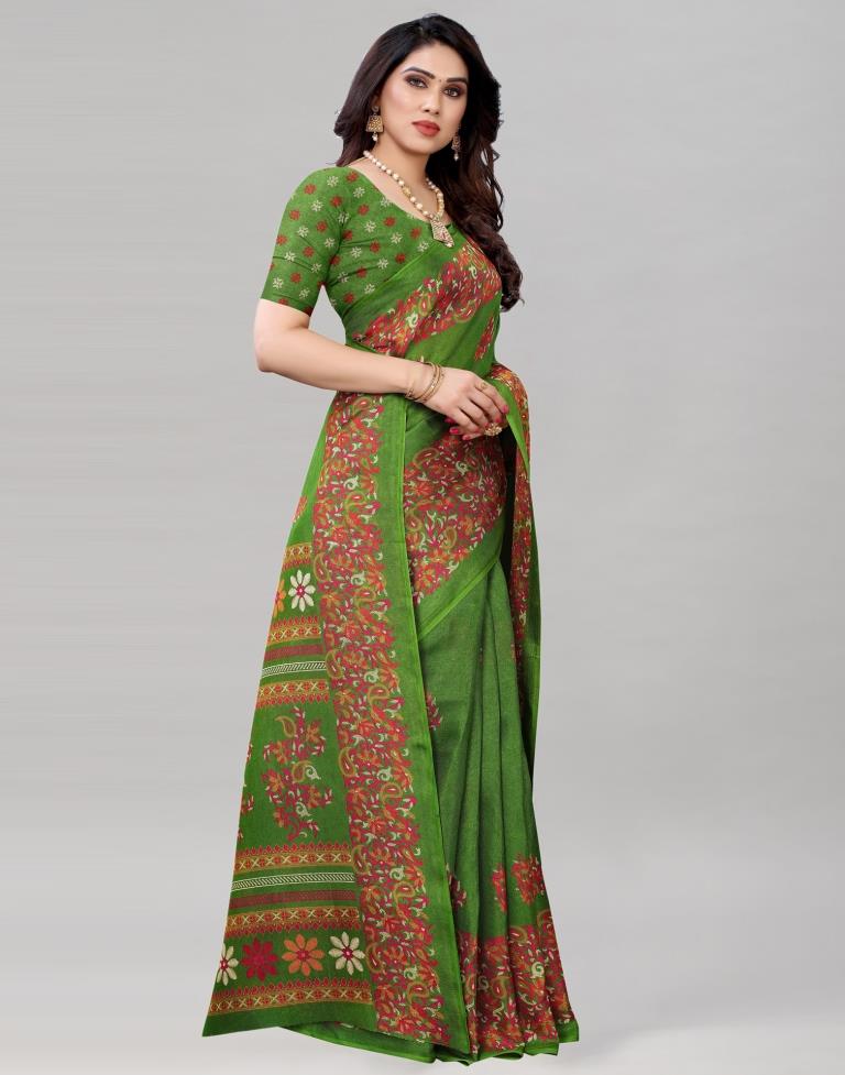 Green Jute Printed Saree | Sudathi