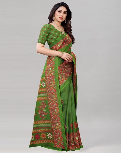 Green Jute Printed Saree | Sudathi