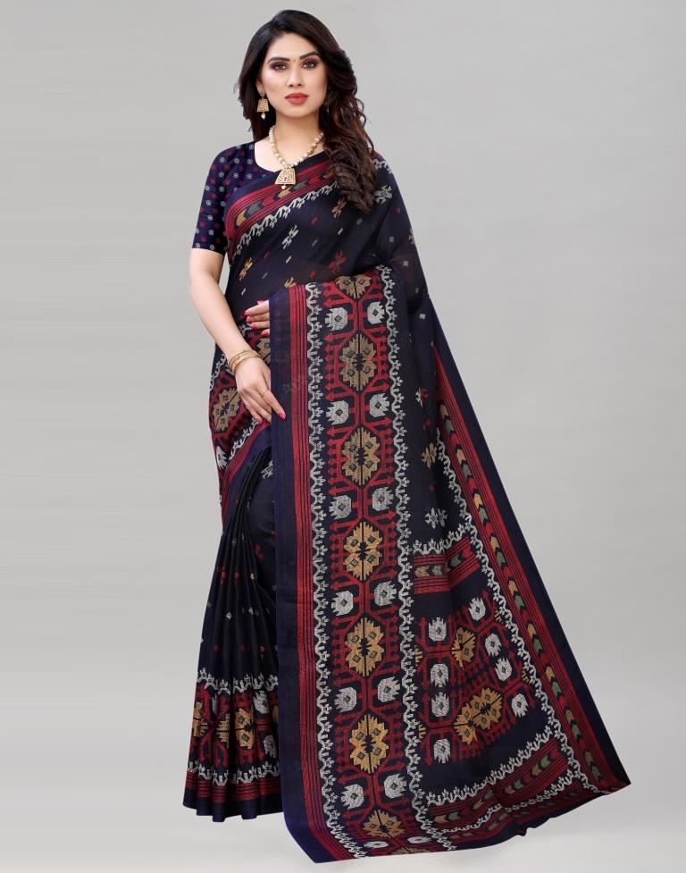 Navy Blue Jute Printed Saree | Sudathi
