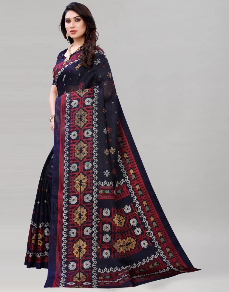 Navy Blue Jute Printed Saree | Sudathi