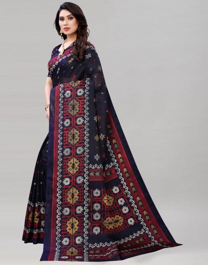 Navy Blue Jute Printed Saree | Sudathi