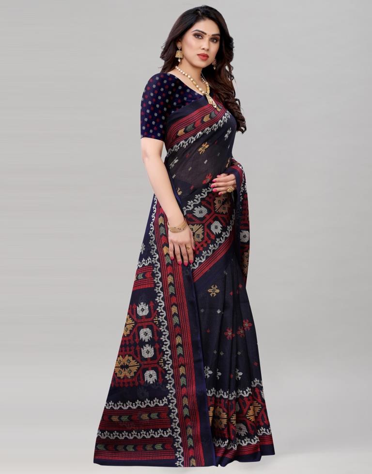 Navy Blue Jute Printed Saree | Sudathi