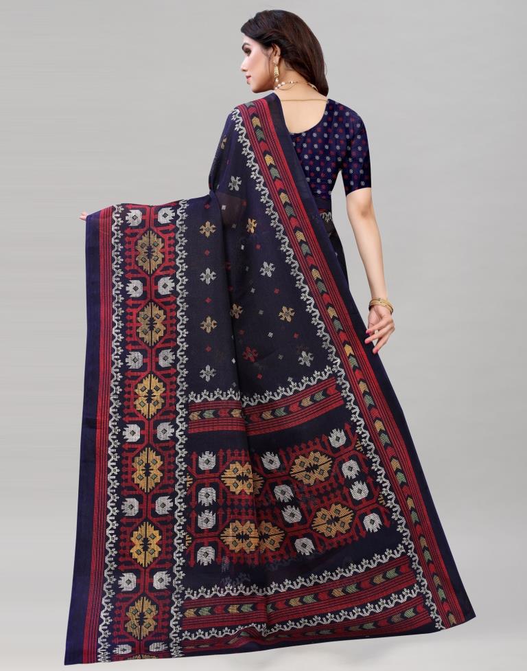 Navy Blue Jute Printed Saree | Sudathi