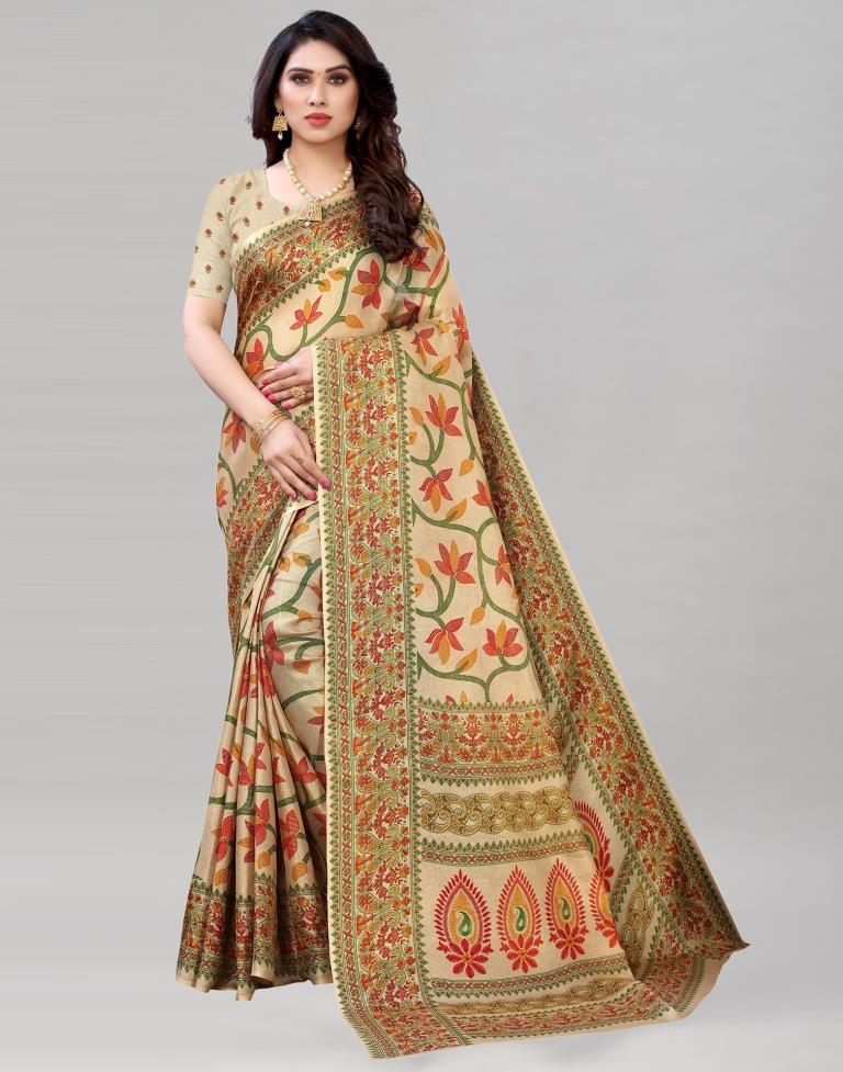 Beige Jute Printed Saree | Sudathi