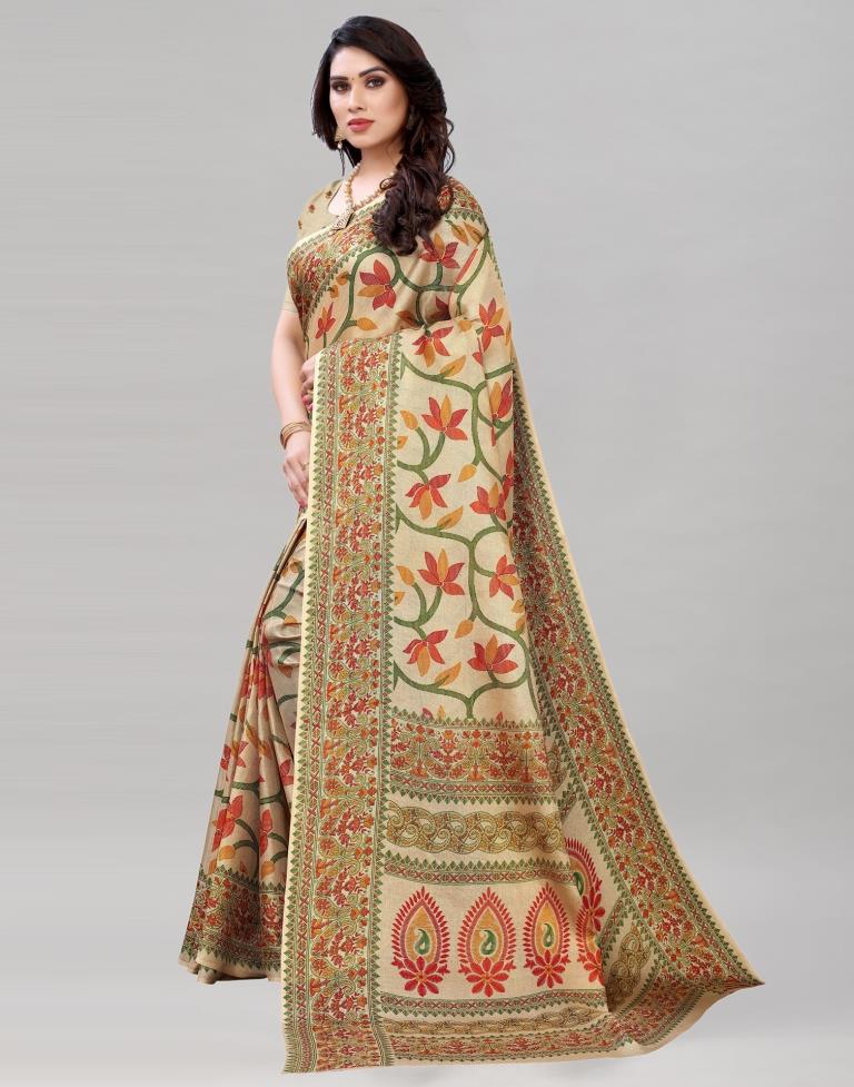 Beige Jute Printed Saree | Sudathi