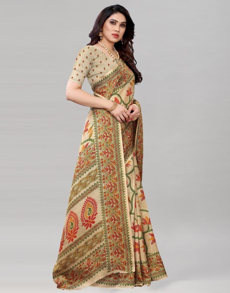 Beige Jute Printed Saree | Sudathi